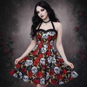Dress Tells Skull Red Rose Halter Dress Goth Rockabilly Pinup Fit & Flare Small
